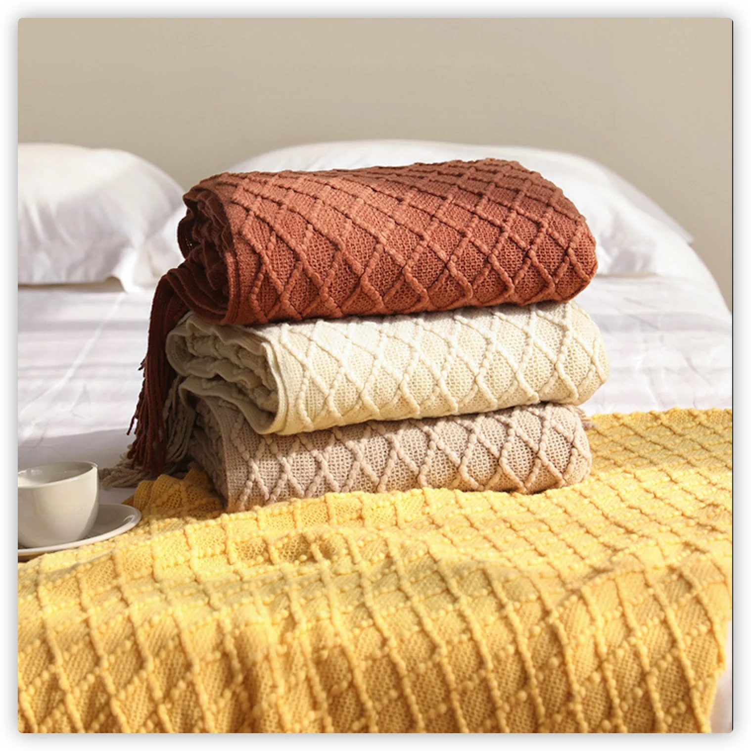 Textile City Diamond Knit Thro - Boho Throw Blanket Fringe ulasan dan harga